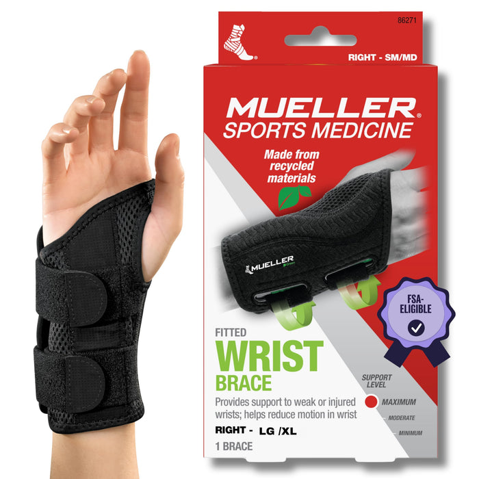 MUELLER Sports Medicine Green Fitted Wrist Brace, Wrist Pain Relief Support for Men and Women, Ideal for Carpal Tunnel, Tendinitis, Arthritis, Right Hand, Black, Large/X-Large