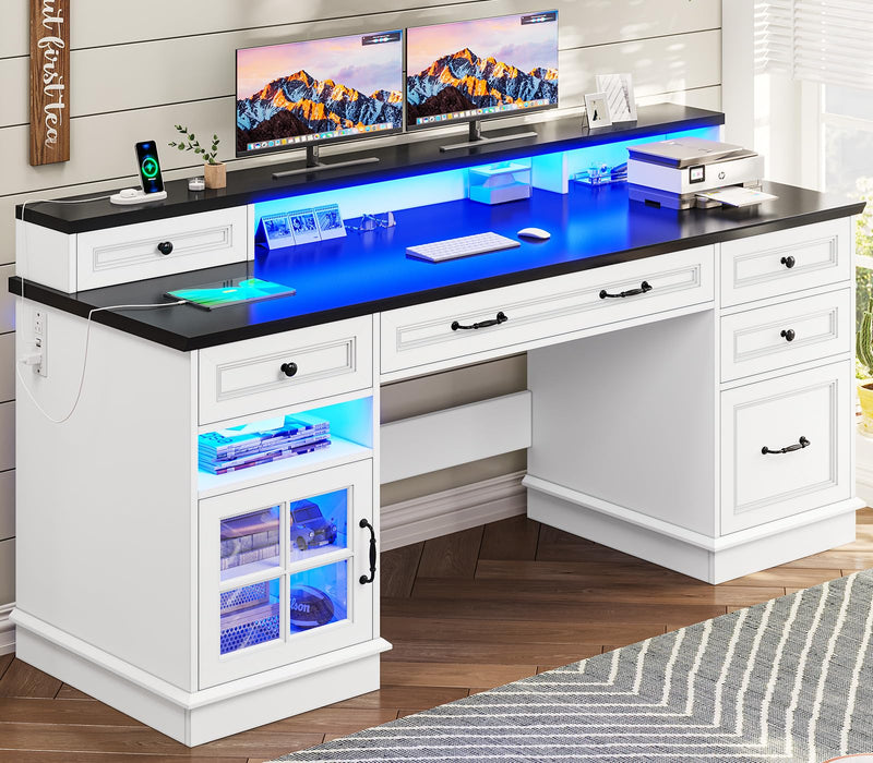 BTHFST Executive Desk with File Drawer, Computer Desk with Monitor Stand, Home Office Desk with Drawers & Storage Cabinet, Writing Desk with Charging Station & LED Lights, White