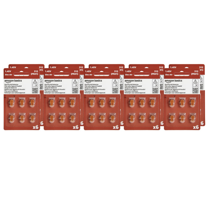 Amazon Basics 60-Pack Hearing Aid Size 312 Zinc-Air Batteries, 1.45 Volt, Brown Tab, 4-Year Shelf Life, Child-Safe Package (Use Scissors to Open)
