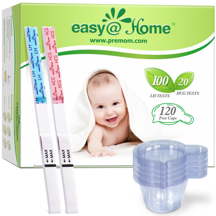 Easy@Home 100 Ovulation Test and 20 Pregnancy Test Strips, FSA Eligible Ovulation Test Kit Powered by Premom Ovulation Predictor Free iOS&Android APP,100LH + 20HCG + 120 Urine Cups-Package May Vary