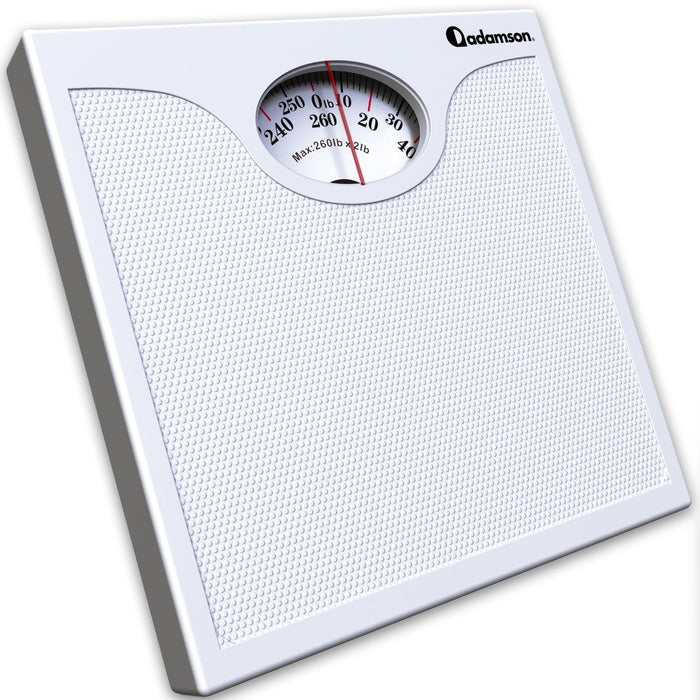 Adamson A22 Bathroom Scale for Body Weight - Up to 260 LB - Anti-Skid Rubber Surface - Analog Bathroom Weight Scales - Affordable - Durable with 20-Year Assurance - White