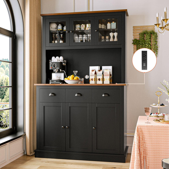 MU 71" Kitchen Pantry Cabinet with Charging Station, Tall Kitchen Hutch with Countertop, Drawers & Microwave Shelf, Food Storage Cabinet for Dining Room & Coffee Bar, Black