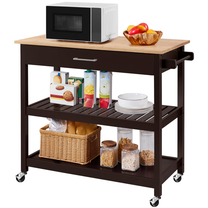 Yaheetech Kitchen Island on Wheels with Bamboo Tabletop, 3-Tier Rolling Kitchen Cart Microwave Oven Cart Serving Trolley with Drawer and Wine Storage Shelf, 20" D x 40" W, Espresso
