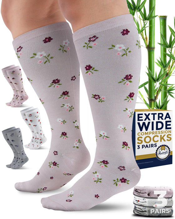 Pembrook 3 Pairs Plus Size Compression Socks Wide Calf - 15-20 mmHg Bamboo Viscose Extra Wide Calf Compression Socks Women, for Women Plus Size, Little Flowers
