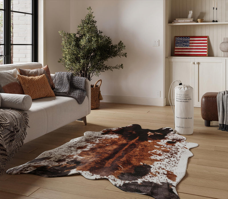 NativeSkins Faux Cowhide Rug – Original Brown (Oversized) | 6'3" x 8'2" | Triple-Layer Support | Ultra-Soft Pile | Hand-Cut, Faux Suede No-Slip Backing | Western Rug | Cow Hide Animal Print