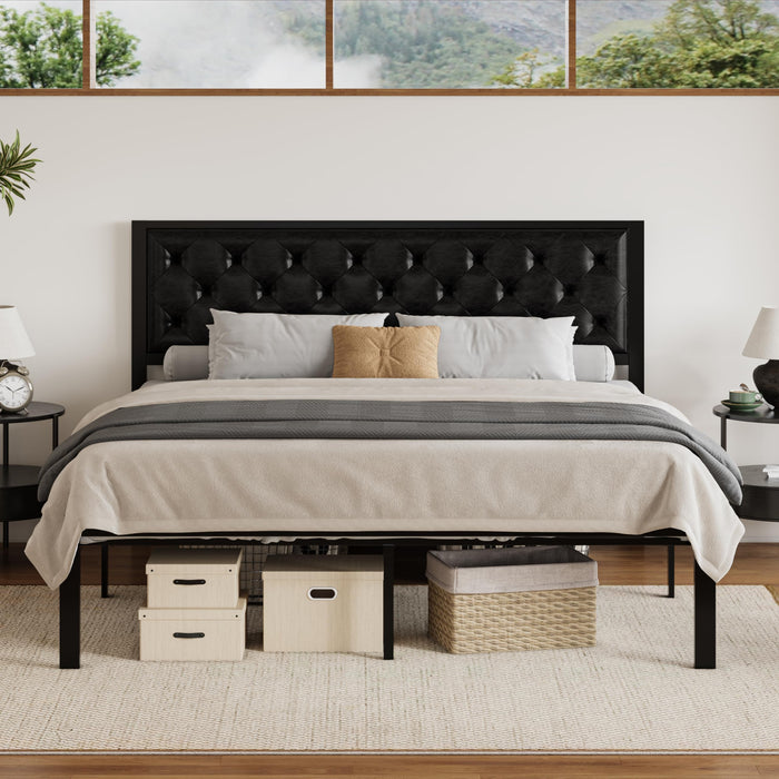 SHA CERLIN King Size Metal Platform Bed Frame, PU Leather Upholstered Button Tufted Headboard, Mattress Foundation with 12.4” Under-Bed Storage, Noise-Free, Easy Assembly, No Box Spring Needed, Black
