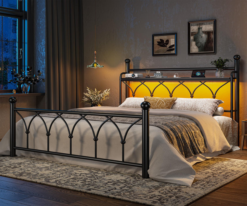 EnHomee Queen Bed Frame with Headboard, Metal Bed Frame Queen Size with LED Lights and Power Outlets, Heavy Duty Steel Slats Support with Storage, Sturdy & Noise-Free, No Box Spring Needed, Black