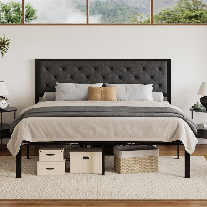SHA CERLIN King Size Metal Platform Bed Frame,Linen Upholstered Button Tufted Headboard, Mattress Foundation with 12.4” Under-Bed Storage, Noise-Free, Easy Assembly, No Box Spring Needed, Dark Grey