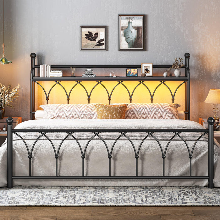 EnHomee King Bed Frame with Storage Headboard, Metal King Size Bed Frame with LED Lights and Power Outlets, Sturdy & Noise-Free, No Box Spring Needed, Black