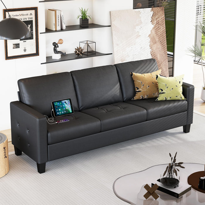STHOUYN 73” Black Faux Leather Sofa Couch, Modern Comfy Office 3 Seater Couch Loveseat with USB and Tufted Armrest, Small Love Seat Couches for Living Room, Bedroom, Apartment