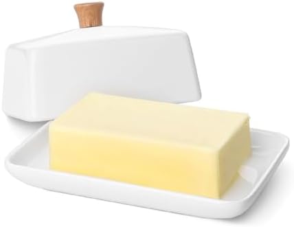 Flexzion Ceramic White European Butter Dish with Lid for Countertop (Large) - Wide 2 Stick Double Butter Holder for Counter, Cream Cheese Container Storage Keeper