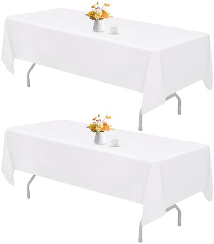2 Pack 70 x 120 Inch White Rectangle Tablecloth for 6 or 8 Foot Table Washable Reusable Outdoor Polyester Fabric Decorative Table Cover for Dining Table, Buffet, Camping, Baby Shower, Party