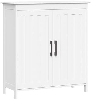 RiverRidge Monroe Two-Door Floor Storage Cabinet - Bathroom Storage Cabinet with Adjustable Shelves - Soft-Close Doors White Finish with Matte Black Handles