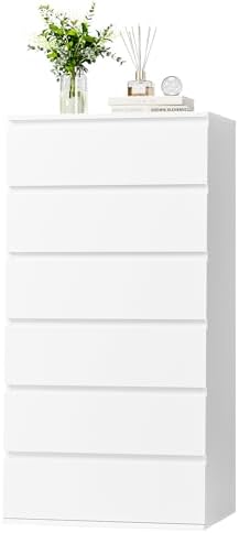 FOTOSOK White Dresser, 6 Drawer Dresser, Modern Tall Floor Storage Cabinet with Metal Sliding Rail, Wooden Handleless Drawer Cabinet, 6-Layer Large Capacity Vertical Dressers for Home & Office