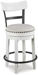 Signature Design by Ashley Valebeck | Modern Swivel 24.5" Counter Height Barstool – Rustic-Industrial Whitewash, Upholstered Cushion, 360° Swivel, Nailhead Trim
