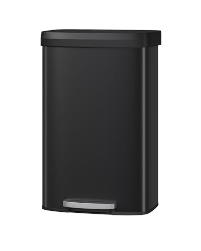 Garvee 21 gal / 80 L Metal Trash Can with Lid, Large Garbage Can for Kitchen, Rustproof Step-on Kitchen Metal Trash Bin with Liner Rim, Rear Handle, Soft Close Plastic Lid, Black