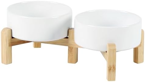 Ceramic Adjustable Raised Double Bowls Set with Stand, 2 Heights Elevated, Food & Water Bowls for Toy Breed Dogs, Cats, Kitty, Weighted Dog Dishes, Pet Bowls(5.1'',13.5OZ, White)