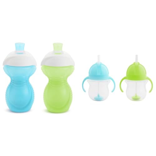 Munchkin® Click Lock™ Bite Proof Sippy Cup, 9 Ounce,2 Count (Pack of 1), Blue/Green & ® Any Angle™ Weighted Straw Trainer Cup with Click Lock™ Lid, 7 Ounce, 2 Count (Pack of 1), Blue/Green