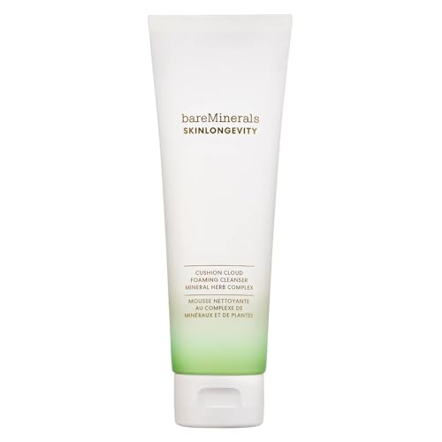 bareMinerals Skinlongevity Face Cleanser, Cream-to-Foam Cleanser with Mineral Herb Complex, Removes Makeup & Sunscreen, Strengthens Skin Barrier, Purifies Without Stripping, Gentle for All Skin Types