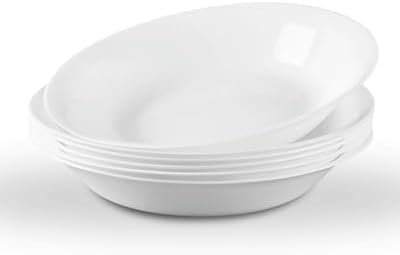 34OZ Opal Glass Pasta Bowls Set of 6, Lightweight 9.5 inch Round Large Shallow Serving Bowl for Soup, Salad, Dinner, Microwave Dishwasher Safe White
