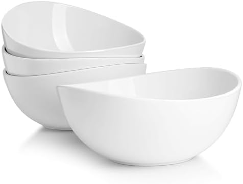 Sweese 8 Inch Porcelain 42 oz Serving Bowls Set of 4, for Salad | Soup | Snacks | Pasta - Microwave, Dishwasher, and Oven Safe - White