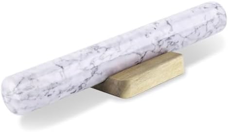 Flexzion French Rolling Pin, 12 Inch White Marble Rolling Pins for Baking with Wooden Base Holder Stand - Non-Stick Baking Roller for Baking Fondant, Crust, Pastry, Cookies, Pizza, Pasta