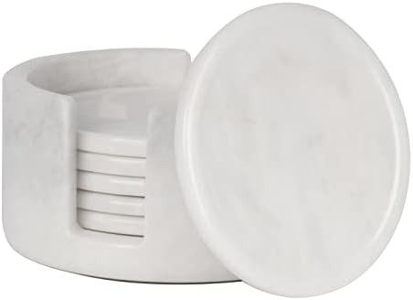 Marble Coasters Set of 6 White 3.5 Inch Round Coaster for Drinks with Holder, Drink Coaster for Tabletop & Coffee Table Decor, Ideal Home Decor House Warming Gifts