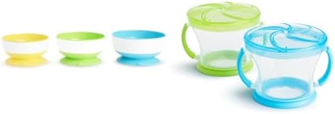Munchkin® Stay Put™ Suction Bowls for Babies and Toddlers, 3 Pack, Blue/Green/Yellow & ® Snack Catcher® Toddler Snack Cups, 2 Pack, Blue/Green