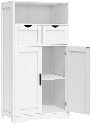Iwell Bathroom Cabinet with Doors and Drawers, Freestanding Bathroom Storage Cabinet, Adjustable Shelves, for Living Room, Kitchen, Home Office, White
