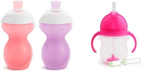 Munchkin® Click Lock™ Bite Proof Sippy Cup, 9 Ounce, 2 Pack, Pink/Purple & Any Angle™ Weighted Straw Trainer Cup with Click Lock™ Lid, 7 Ounce, Pink