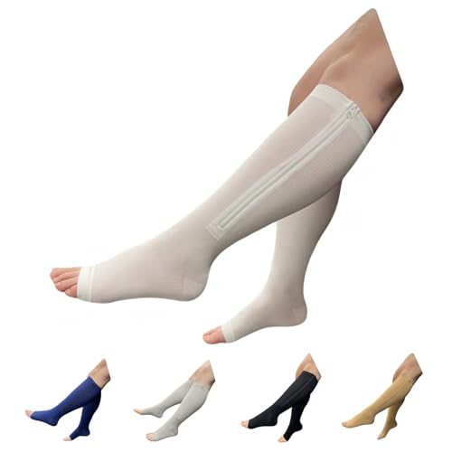 Seniors Care 15-20 mmHg Zipper Compression Leg Calf Open Toe Socks (White, Large-X-Large)