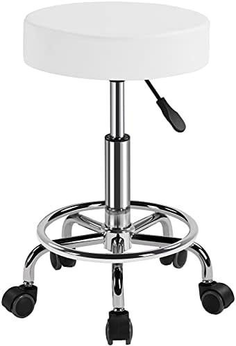 Yaheetech Rolling Stool Adjustable Spa Chair with Wheels Small Round Stool Shop Tattoo Chair, White