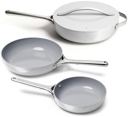 Caraway 4-Piece Fry Pan Set - Non-Stick Frying Pans (10.5” & 8”) & Non-Stick Sauté Pan - Non Toxic, PTFE & PFOA Free - Oven Safe & Compatible with All Stovetops (Gas, Electric & Induction) - Gray