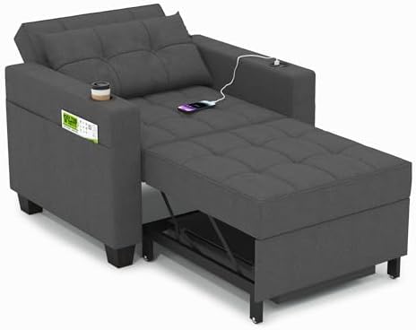 DURASPACE 36.6 Inch Sleeper Chair 3-in-1 Convertible Chair Bed Pull Out Sleeper Beds Adjustable Single Armchair Sofa with USB Ports, Side Pocket, Cup Holder (Dark Gray Linen)