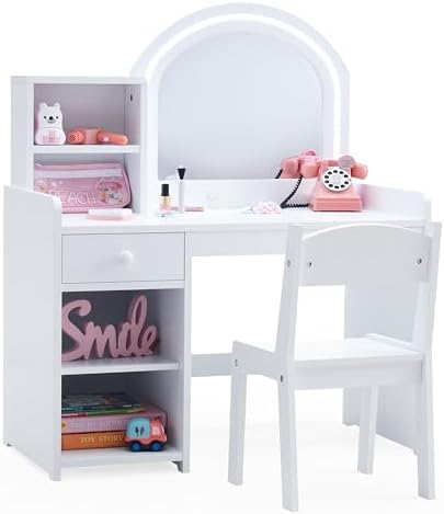 Kids Vanity with Lights, Princess Vanity Set with Drawer and Storage Shelves, 2 in 1 Toddler Makeup Vanity with Lighted Mirror, Girls Vanity Set with Stool for Little Girls (White)