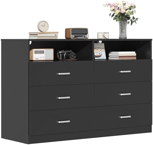 Bigbiglife 6 Drawers Dresser for Bedroom with Open Storage Cubby, Double Wide Dresser Organizer for Bedroom, Living Room, Entryway, Hallway (Black)