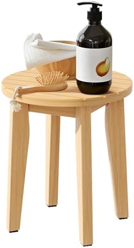 Round 16 Inch Bamboo Waterproof Shower Bathroom Stool Chair, Duty Wooden Bath Corner Shaving Legs Bench Seat, Light Bamboo