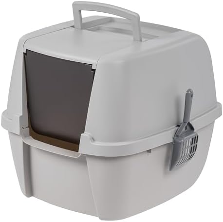 IRIS USA Cat Litter Box, Enclosed Litter Box with Front Door Flap and Scoop, Covered Kitty Litter Box with Handle and Buckles for Portability and Privacy, Gray