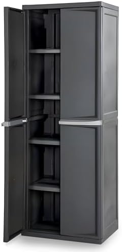 Sterilite 4 Shelf Cabinet, Lockable Utility Storage w/ Adjustable Shelves, Gray - Plastic Shelving Unit for Organizing Garage, Pantry, Basement, Laundry Room or Mudroom