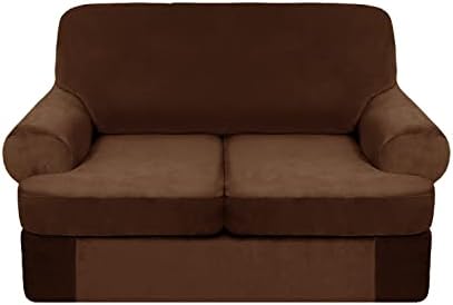 ULTICOR 3-Piece T- Shape Cushion Velvet Stretch Sofa Cover for 2 Cushion Loveseat Sofa, Soft Luxury Thick Velvet Sofa Cover, Machine Washable (Chocolate, T-Shape Cushion 2 Loveseat Cover)