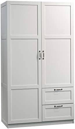 Sauder Select Multipurpose Bedroom Armoire Wardrobe Closet Pantry Storage Cabinet with Storage Drawers and Hanging Rail, in Soft White finish