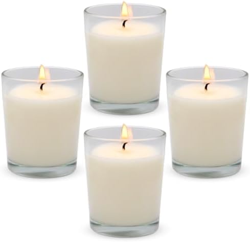 4 Packs Unscented White Votive Candles in Glass, 2 Inch Natural Soy Wax Scentless Candles for Christmas Wedding Party Home Decor Holidays Relaxation Spa, 12-15 Hour Burning Time