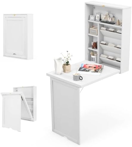 Tangkula Foldable Wall Mounted Desk, Floating Table with Storage Shelves & Hooks, Space-Saving Fold-Up Murphy Desk for Small Spaces, Home Office, Dorm Room