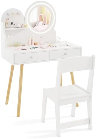 HONEY JOY Kids Vanity, Little Girls Vanity Set with Mirror and Stool and Lights, Drawers, Toddler Makeup Vanity Dressing Table, Wooden Pretend Play Kids Vanity Table and Chair Set (White)