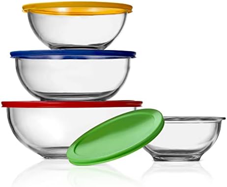 NutriChef 4-Pack Glass Mixing Bowls with BPA-Free Lids, Stackable Nesting Salad Bowls (1QT, 1.6QT, 2.5QT, & 3.7QT), Prepping and Baking Food Storage Set, Dishwasher, Freezer, & Microwave Safe
