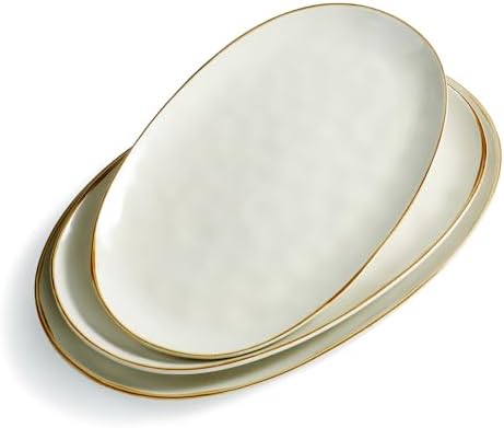famiware Serving Platter, Oval 15.59/14.3/12.9inch Serving Dishes for Entertaining, Serving Bowls, Microwave Safe, Stoneware Serving Trays for Party, Food, Turkey, Cheese, Ocean Series, Vanilla White
