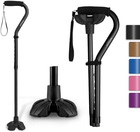 GPTCAMP G1 Walking Stick, Walking Cane for Women & Men with Wrist Strap, Lightweight & Sturdy Offset EVA Handle, Large Quad Base, Self Standing for Seniors and People with Injuries & Recovery