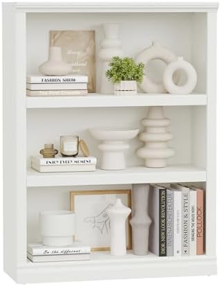 blini 3-Shelf Bookcase White Wooden Bookshelves 33in Wide Floor Standing Display Storage Book Shelves Tall Bookcase for Home Office, Living Room, Bedroom