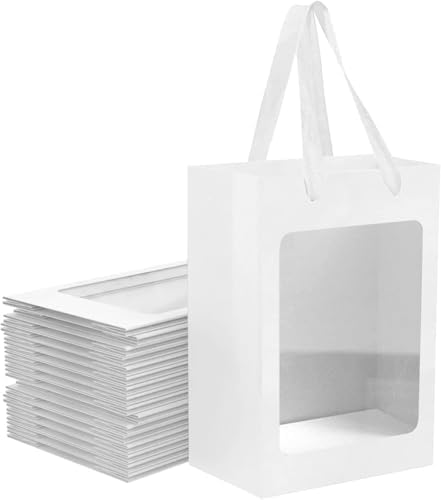 12 Pcs White Kraft Paper Gift Bags with Transparent Window, 9.84"x7.0"x5.12" Kraft Shopping Bags with Handles for Bouquet Christmas Birthdays Festivals Party Weddings Wrapping