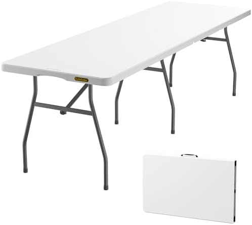 FanttikOutdoor 8ft Folding Table with Six Legs, 500 LBS Heavy Duty Plastic Fold-in-Half Table, Foldable Table w/Handle for Indoor Outdoor Party Wedding Office Camping Banquet, White Zeta X8 Pro